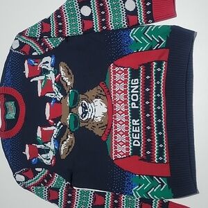 Ugly Christmas Sweater Deer Pong Crewneck - Red, Green, and Blue